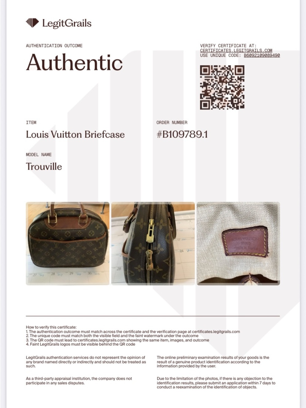 Louis Vuitton Authentic Vintage Monogram Canvas Trouville COA by Legitgrails. - Picture 3 of 17